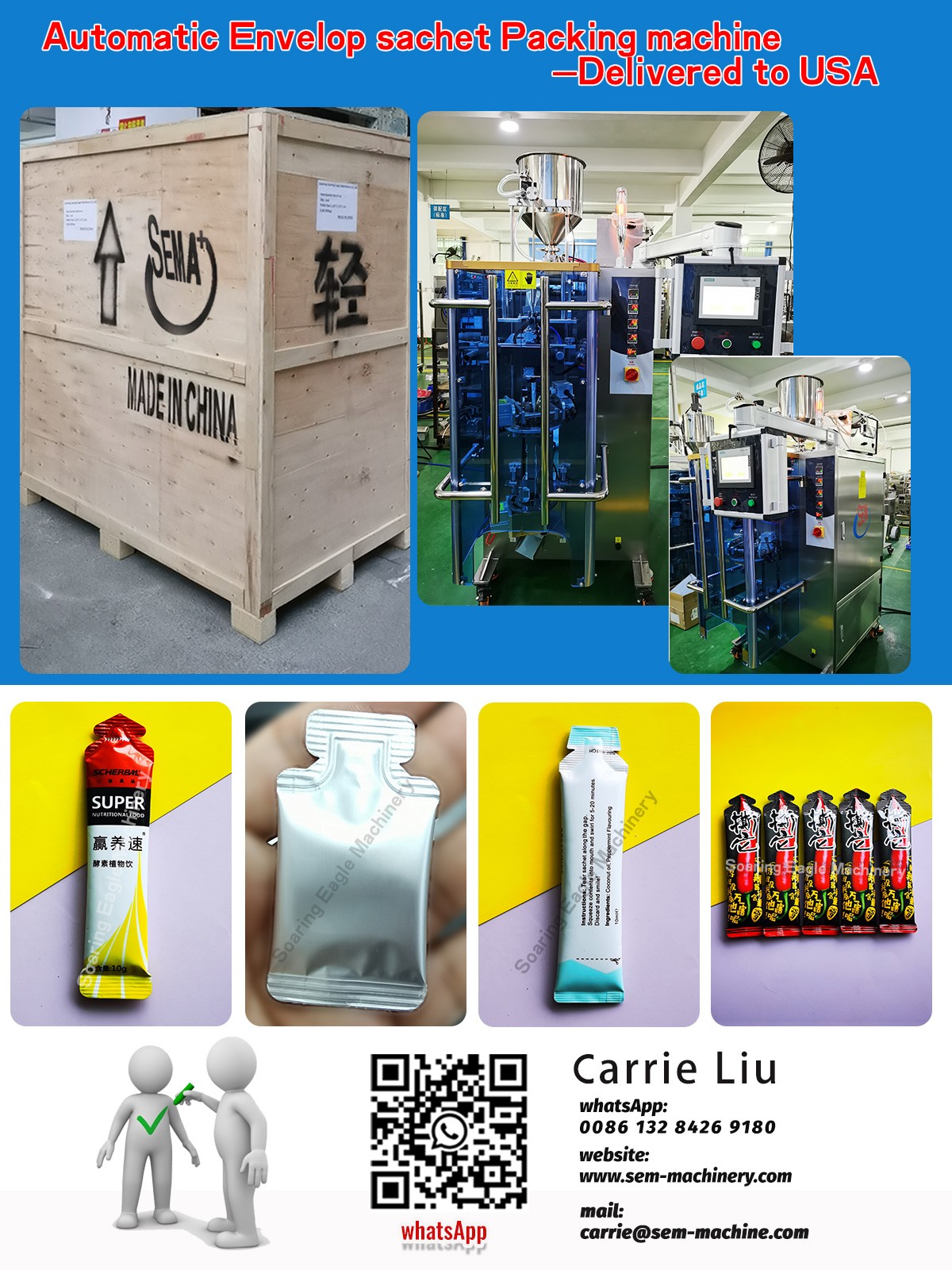 The equipment is a sachet forming filling sealing packing machine