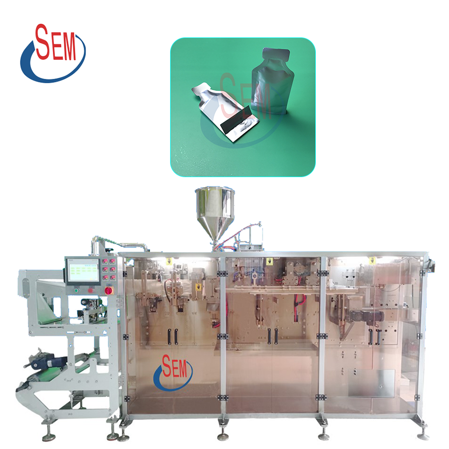 Automatic stand up pouch bag packing machine for liquid packaging.