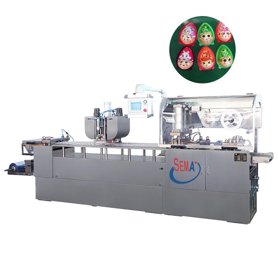 The equipment is a automatic blister packaging machine,and the product is chocolate surprise egg