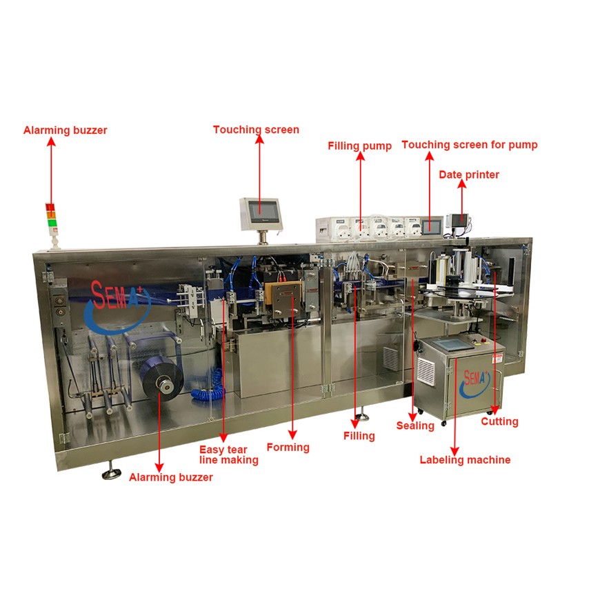 Automatic single-dose plastic ampoule filling machine with label and date printing