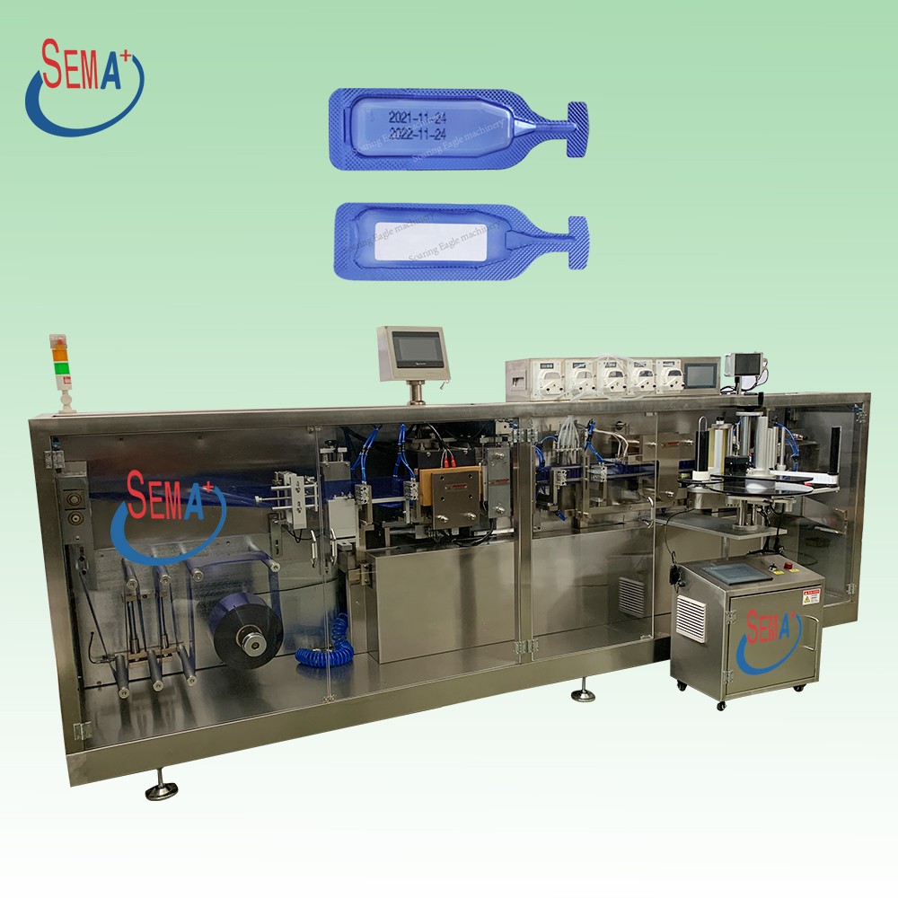 Automatic filling and sealing of plastic bottle packaging machine with labeling date printing and forming