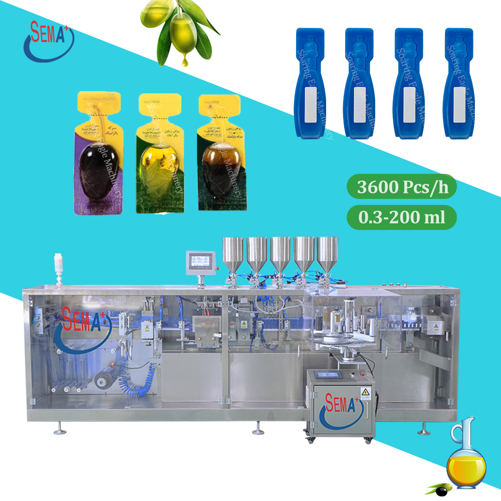 Olive oil liquid 14ml 9ml shaped liquid forming filling sealing packing machine with labeling machine