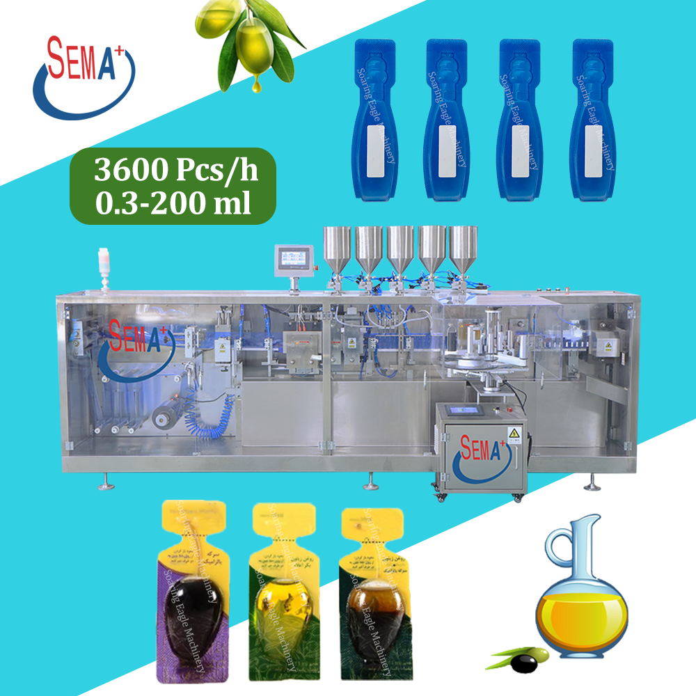 Olive oil liquid 14ml 9ml shaped liquid forming filling sealing packing machine with labeling machine