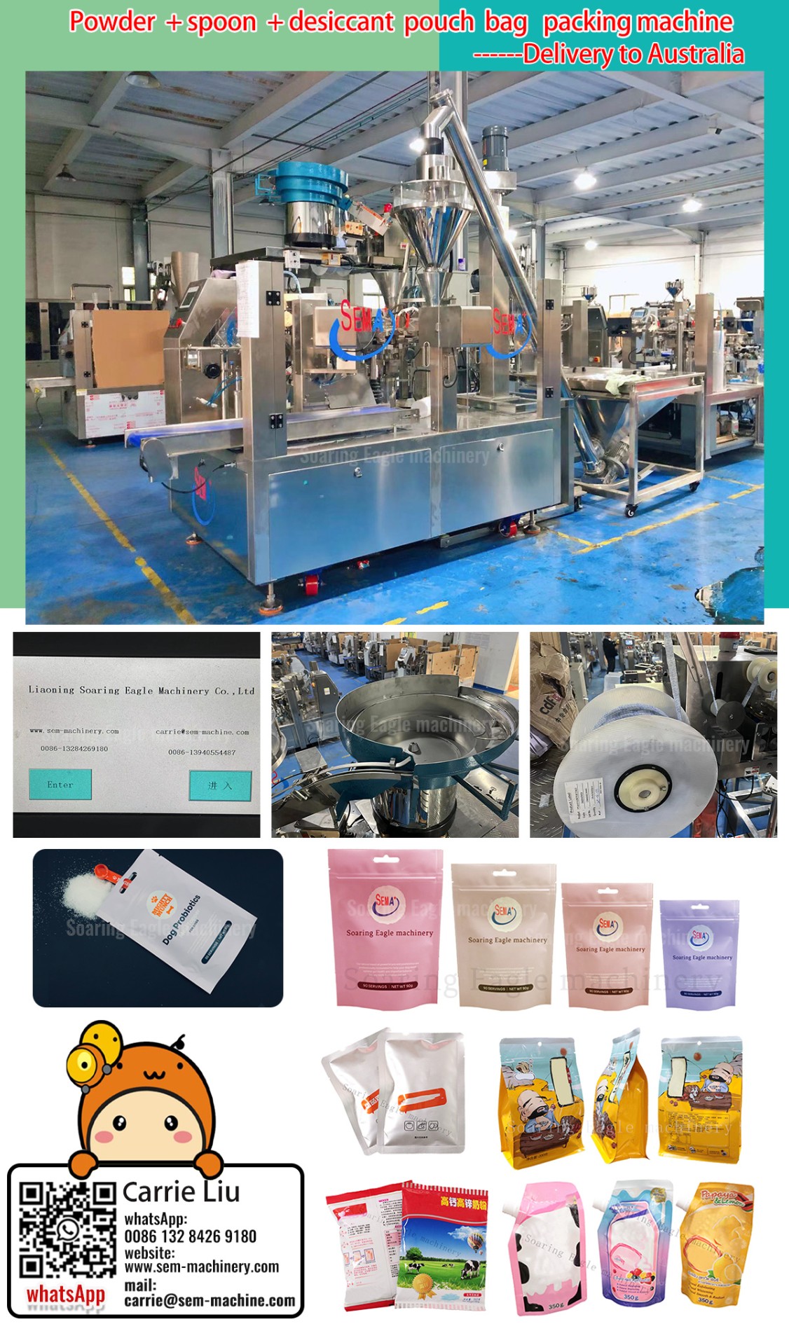 Powder + spoon + desiccant pouch bag packing machine 