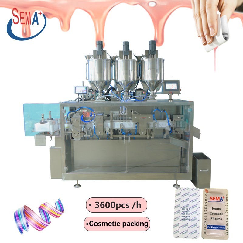 Automatic easy open sachet packing machine 50pc/min for olive oil cosmetics cream packing