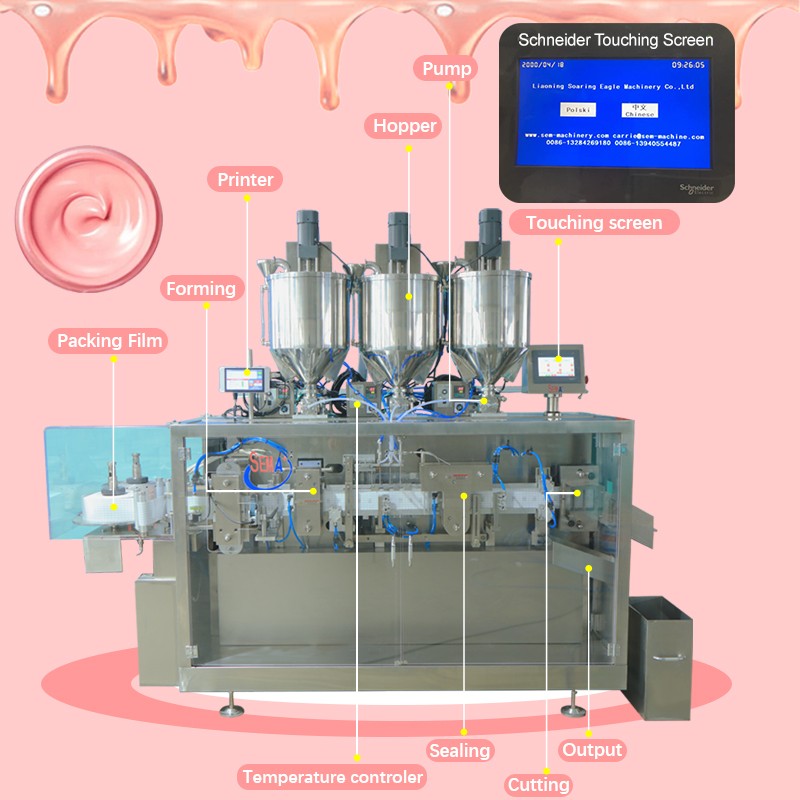 Automatic easy open sachet packing machine 50pc/min for olive oil cosmetics cream packing