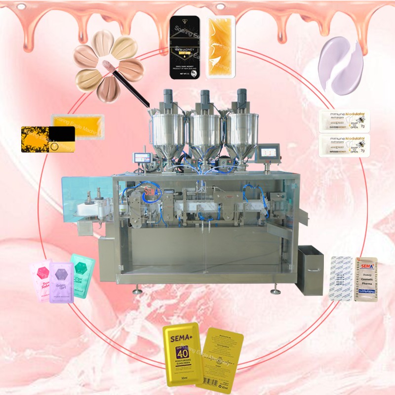 Automatic easy open sachet packing machine 50pc/min for olive oil cosmetics cream packing