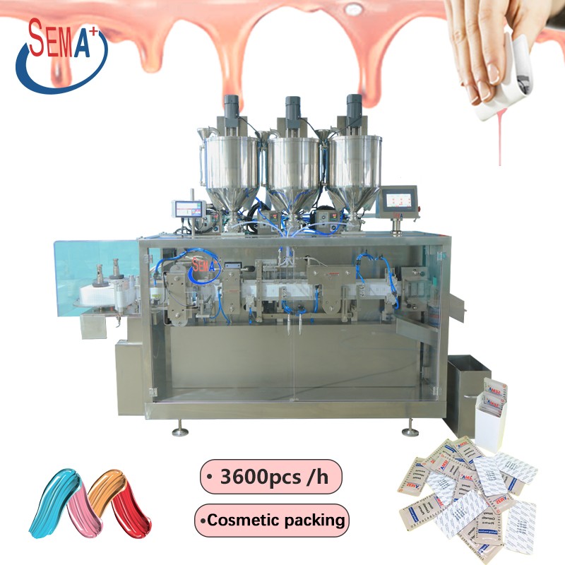 Automatic easy open sachet packing machine 50pc/min for olive oil cosmetics cream packing