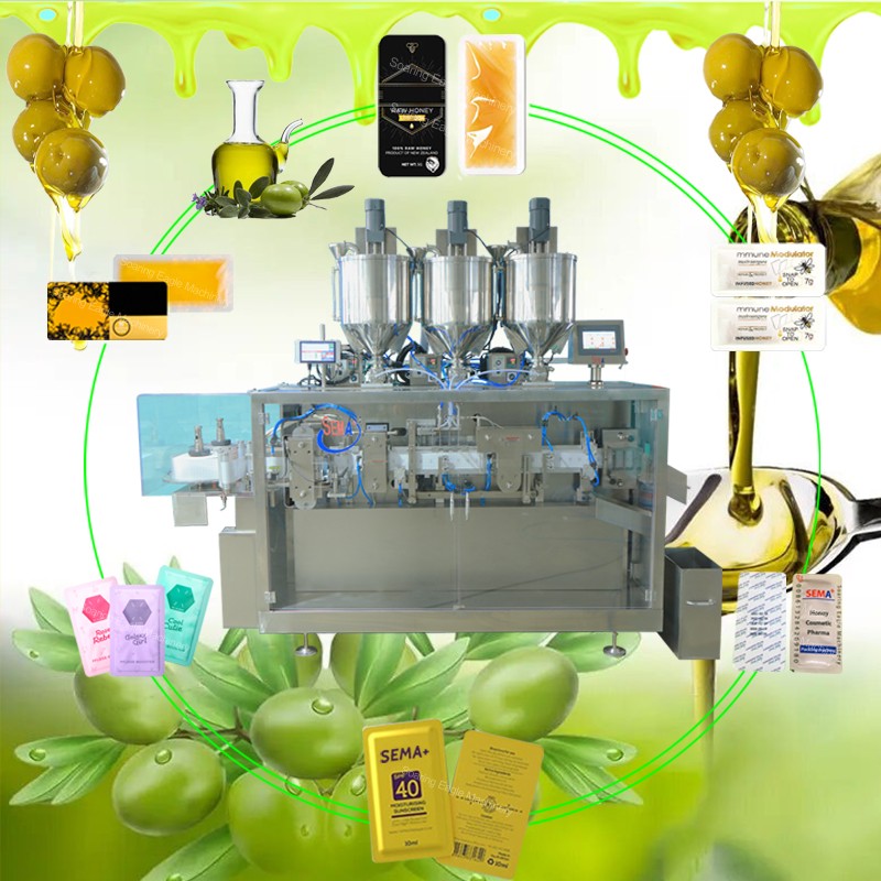 Automatic olive oil sauce ketchup snap pocket card type honey easy open sachet form fill seal packing machine