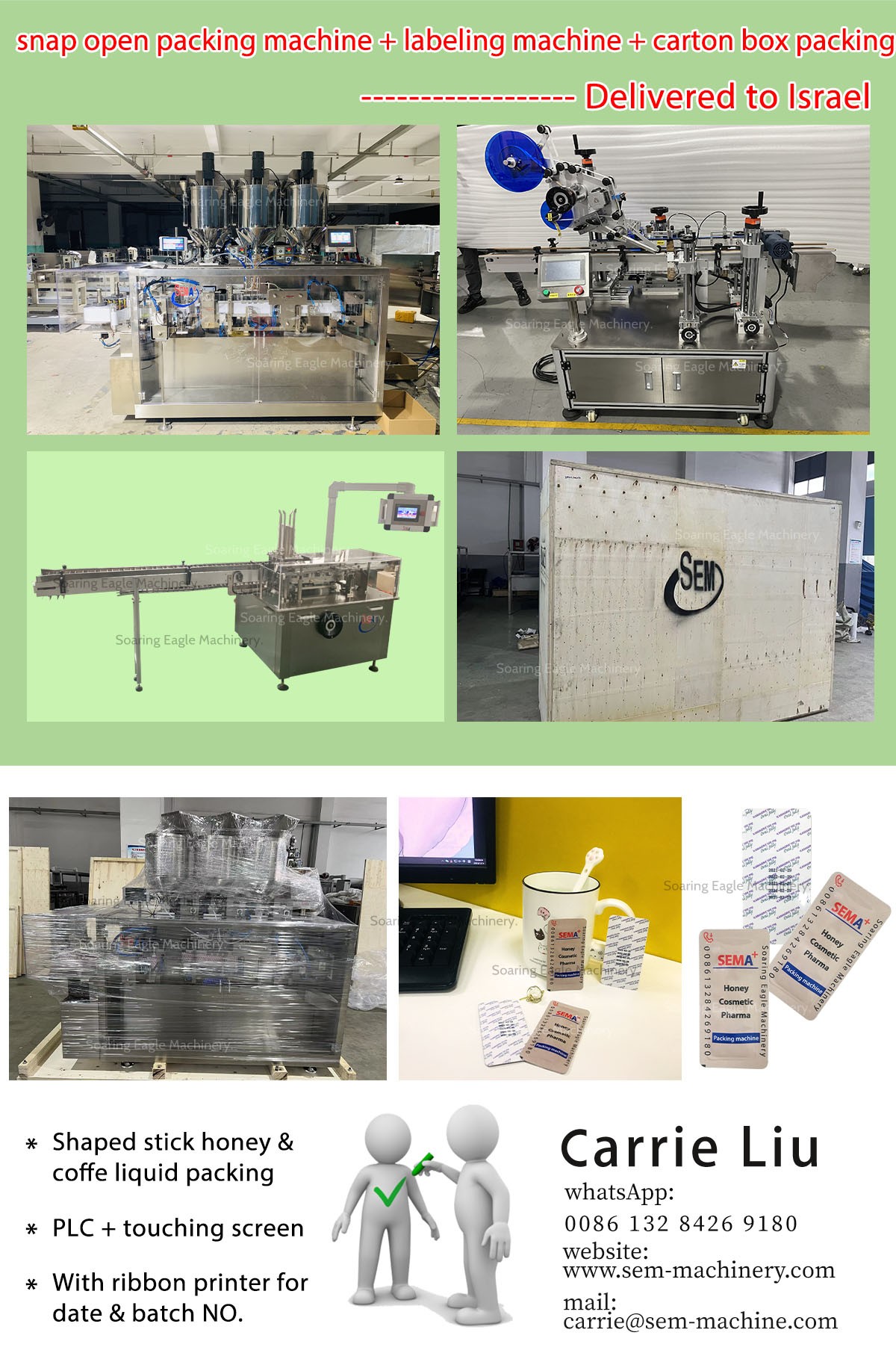 Easy Snap sachet packing machine + labeling machine + carton box packing machine ——Delivered to Israel