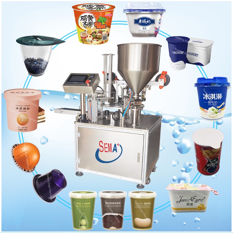 Automatic plastic cup green beans and potato chips filling sealing machine 10-100ml yoghurt cup filling sealing machine