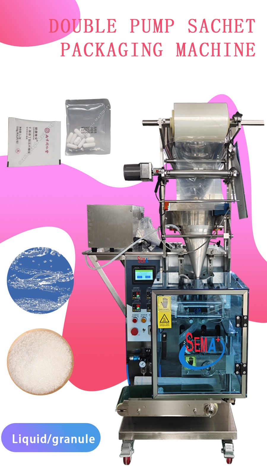 Double pump sachet packing machine which could pack liquid and tablets