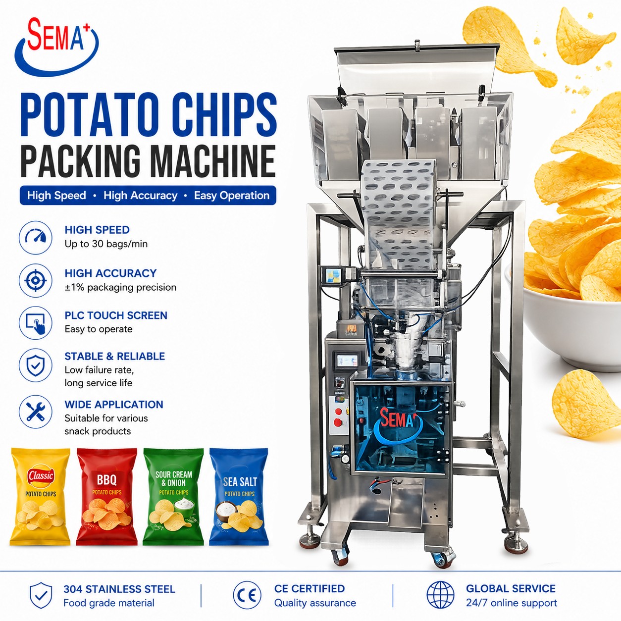 SEMA+ Fully Automatic Vertical Puffed Food Bag Packaging Machine for Potato Chips