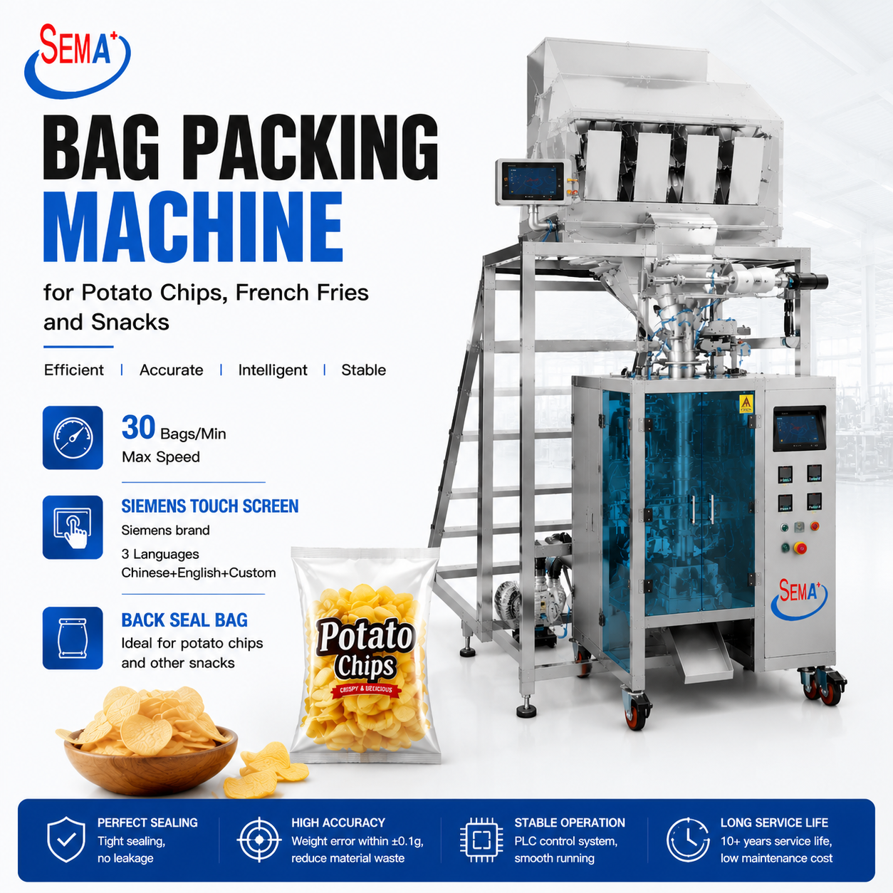 SEMA+ Automatic VFFS Pouch Bag Packaging Machine for potato chips