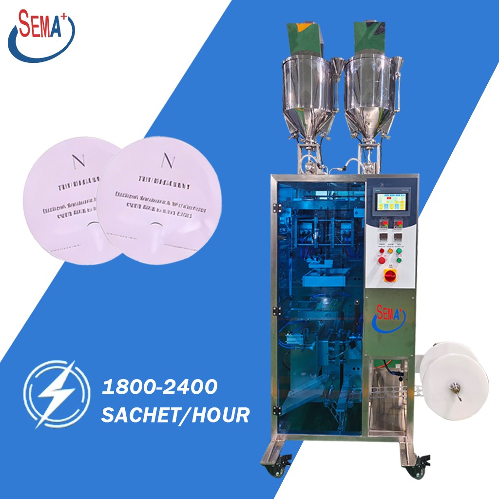 Automatic Two Pumps Shaped Bag Paste Cosmetic Samples Serum Face Cream Eye Cream Sachet Packing Machine