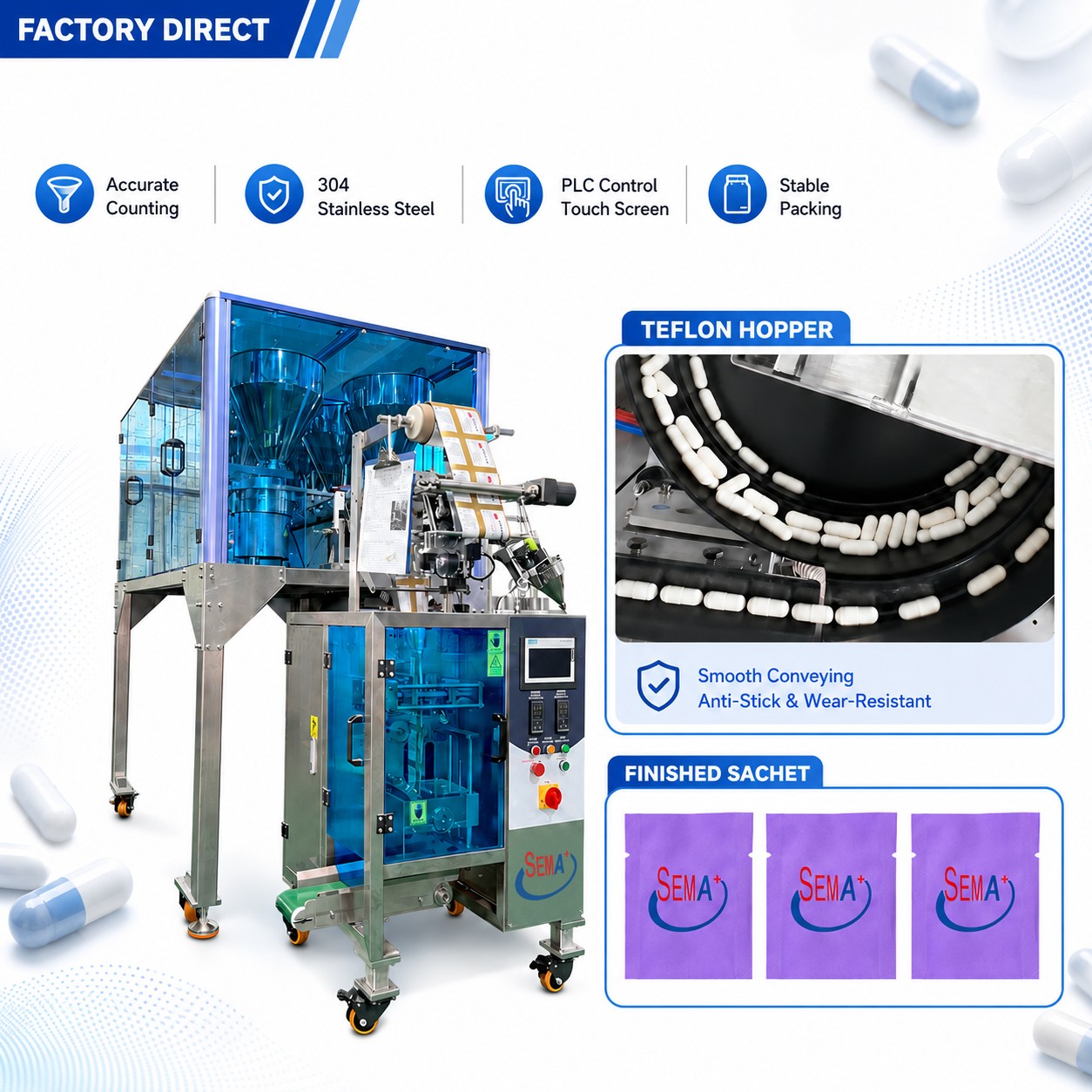 Automatic VFFS Tablet Capsule Pill Counting Filling Sachet Packing Machine