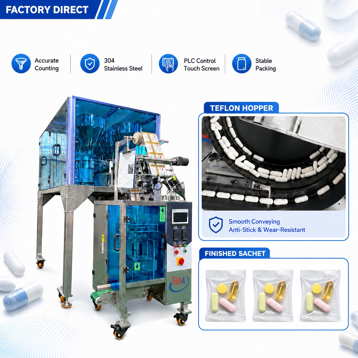 Automatic VFFS Multi Hopper Counting Sachet Packing Machine for Tablets Capsules and Pills