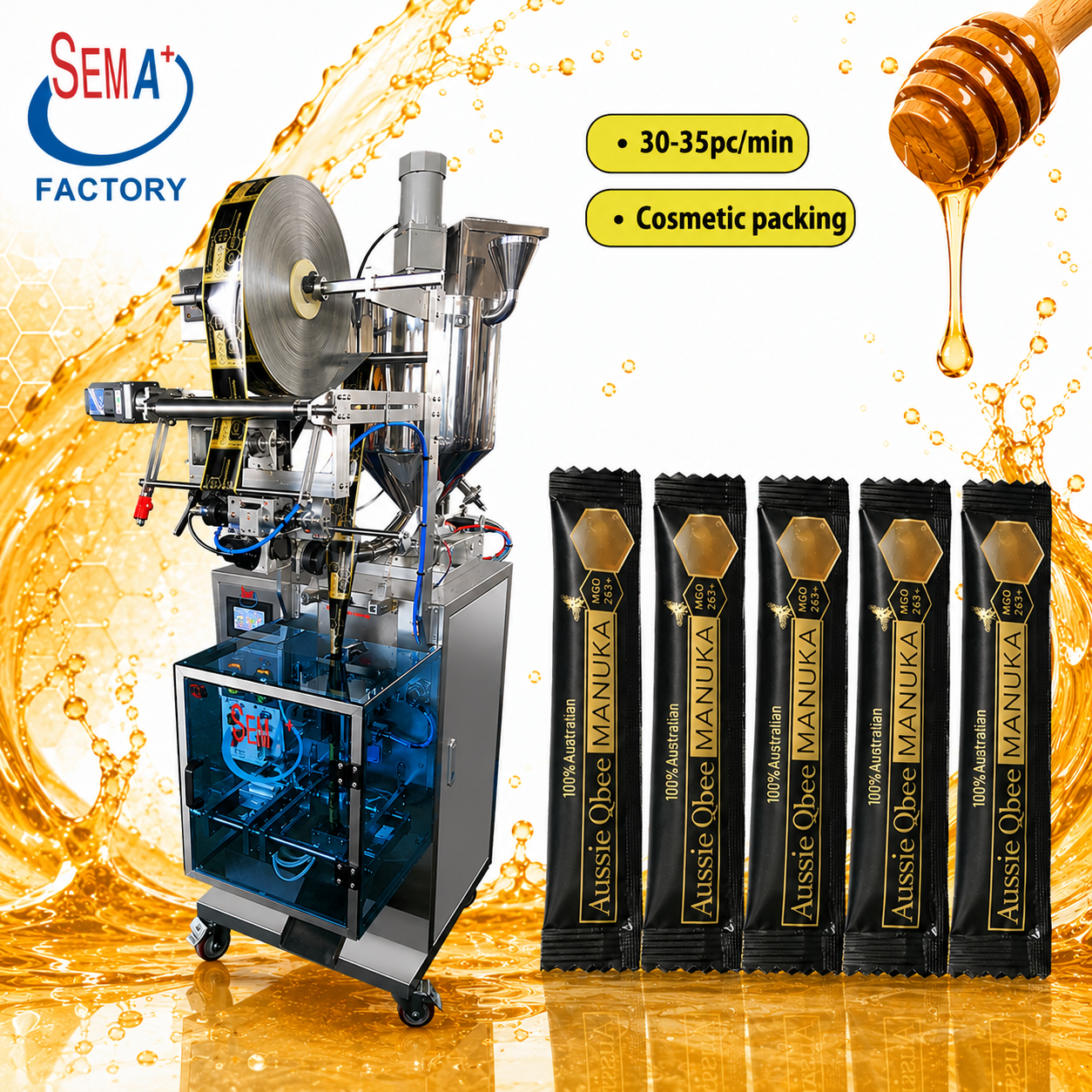 Single Lane Honey Sachet Packing Machine for Liquid Honey, Cosmetic Gel and Syrup Stick Pack Packaging