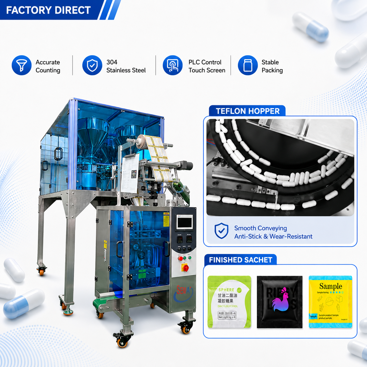 Automatic Multi-Hopper Counting System for Pharmaceutical Packaging | Tablet Sachet Packing Machine | Capsule Sachet Packing Machine | Tablet Capsule Sachet Packing Machine