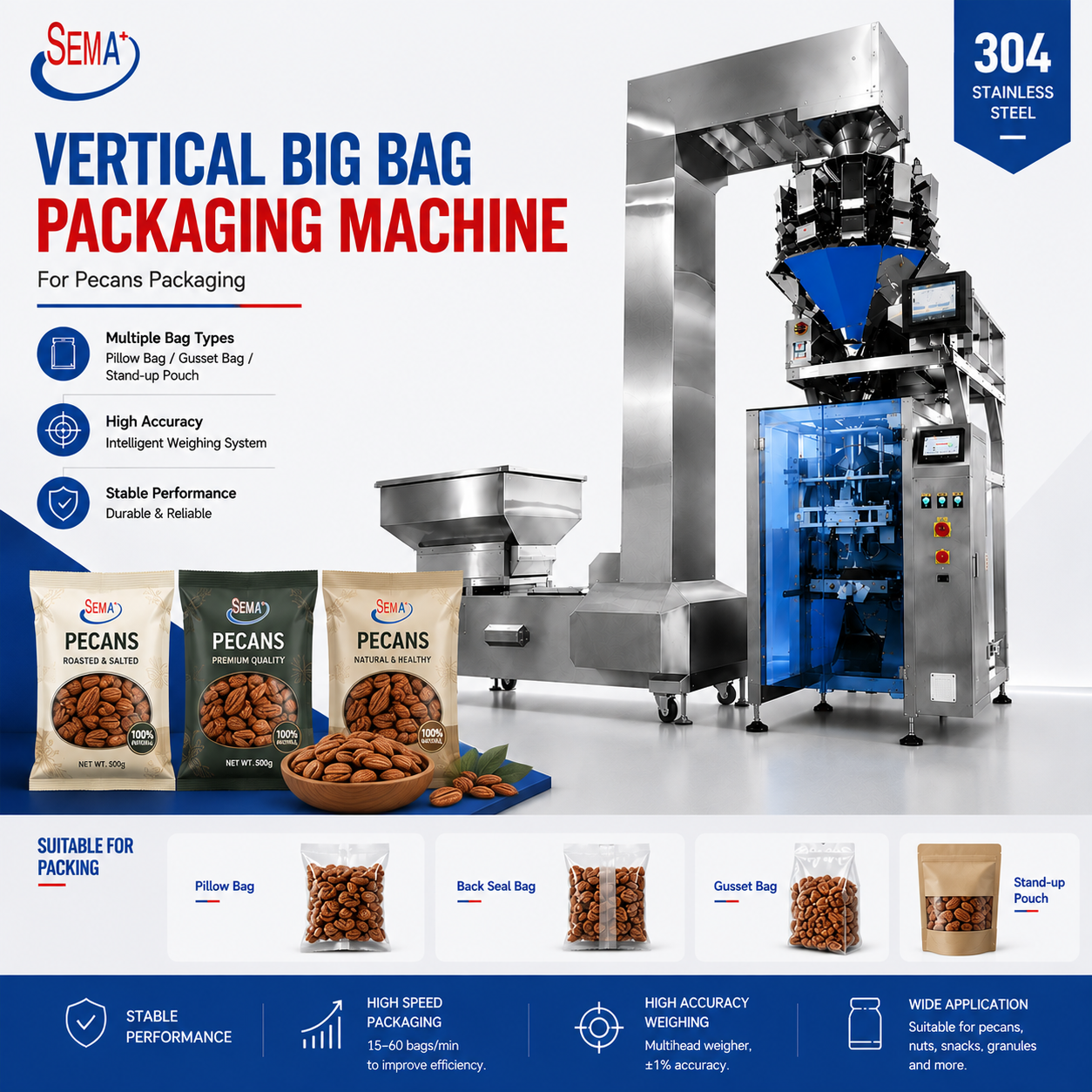 CE Approved Peanut Almond Cashew Pouch Bag Packing Machine Automatic VFFS Packing Machine with PLC Control