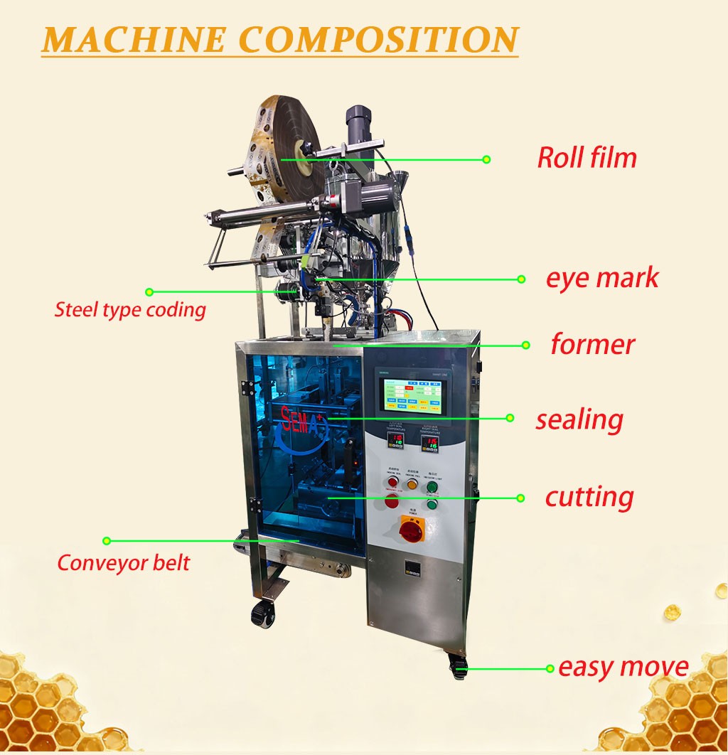 Automatic Back Sealing Pouch Irregular Shaped Multi Purpose Heat Seal vffs Honey Sachet Packing Machine Automatic Back Sealing Pouch Irregular Shaped Multi Purpose Heat Seal vffs Honey Sachet Packing Machine