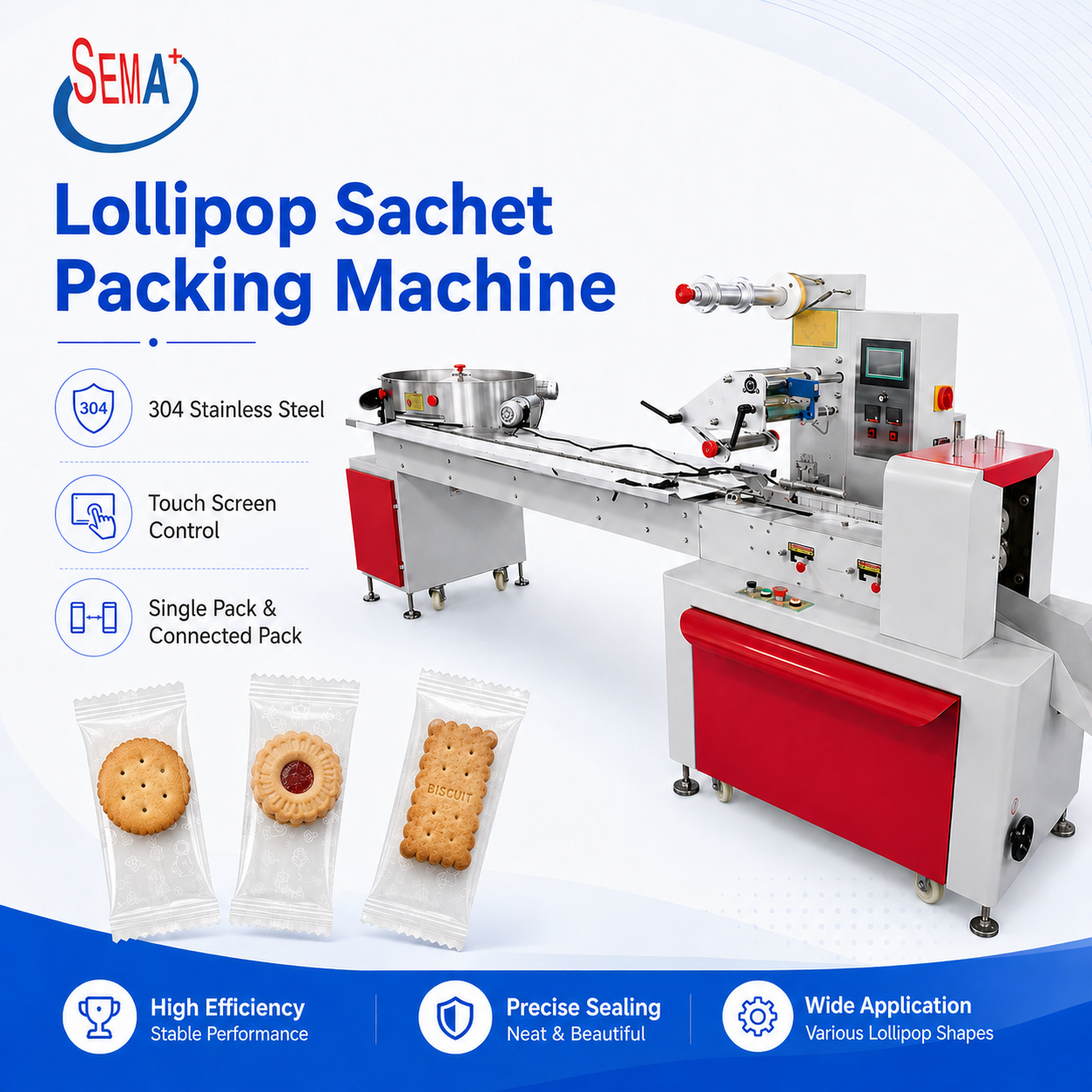 Automatic Pillow Packing Machine for Lollipop Candy Biscuit Snack Food Horizontal Flow Packaging