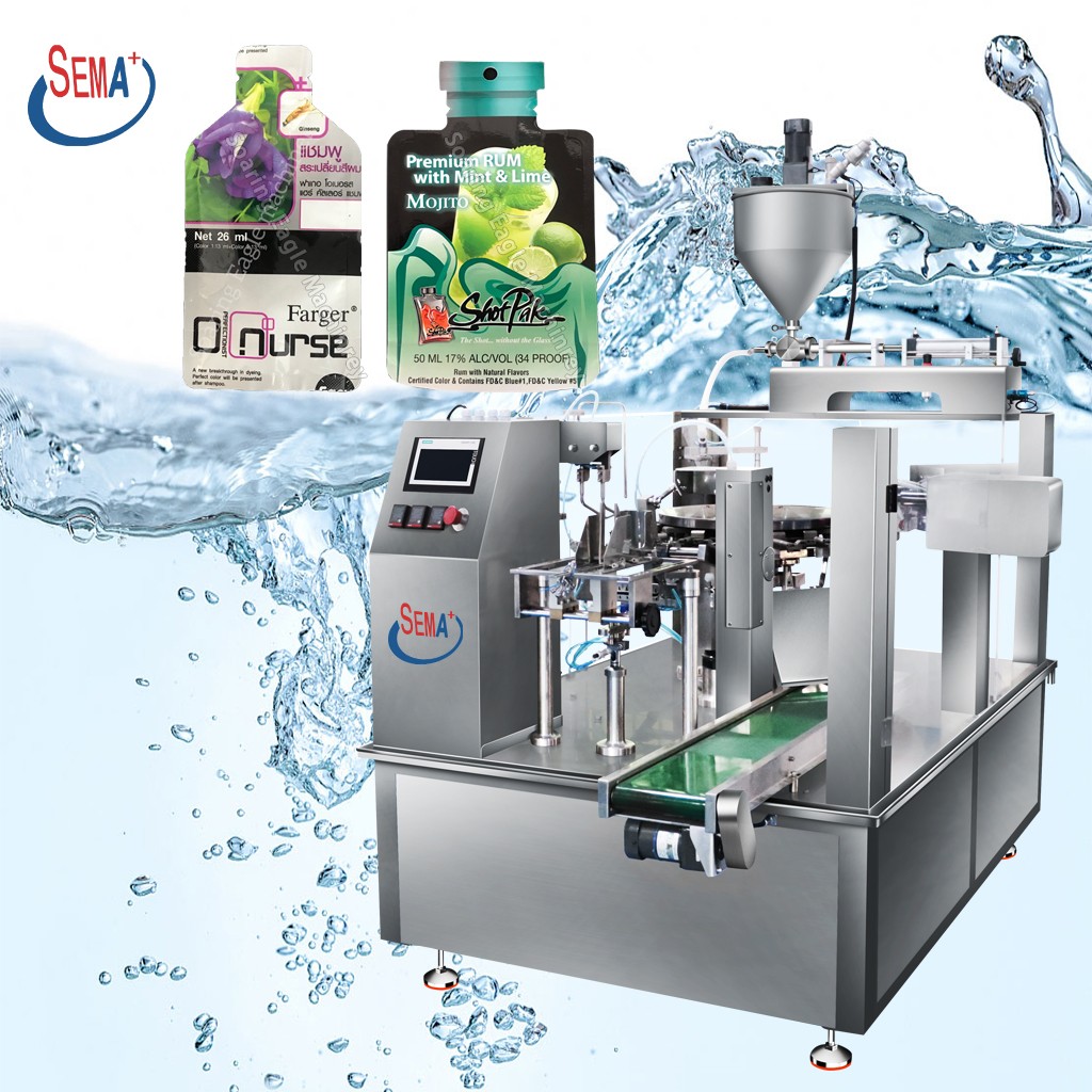 Customized automatic rotary weighing, filling, and packaging machine for pre-made stand-up pouches containing liquids or pastes (such as laundry detergent or soy milk).