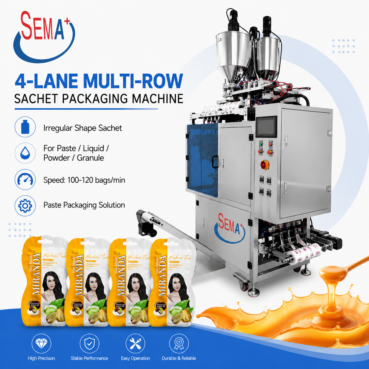 VFFS irregular bottle shape heart round 4 sides sachet forming filling sealing liquid cream packing machine