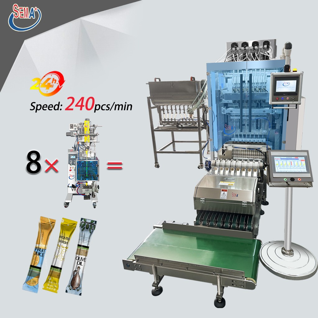 Fully automatic olive oil multi 8-line multi lanes liquid sachet packing machine with weighing conveyor belt