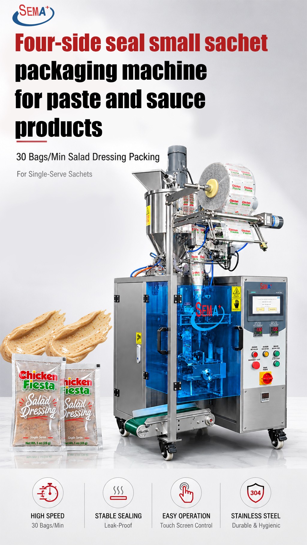 Automatic Four Side Seal Sachet Packing Machine for Salad Dressing Sauce Paste Single Serve Packaging