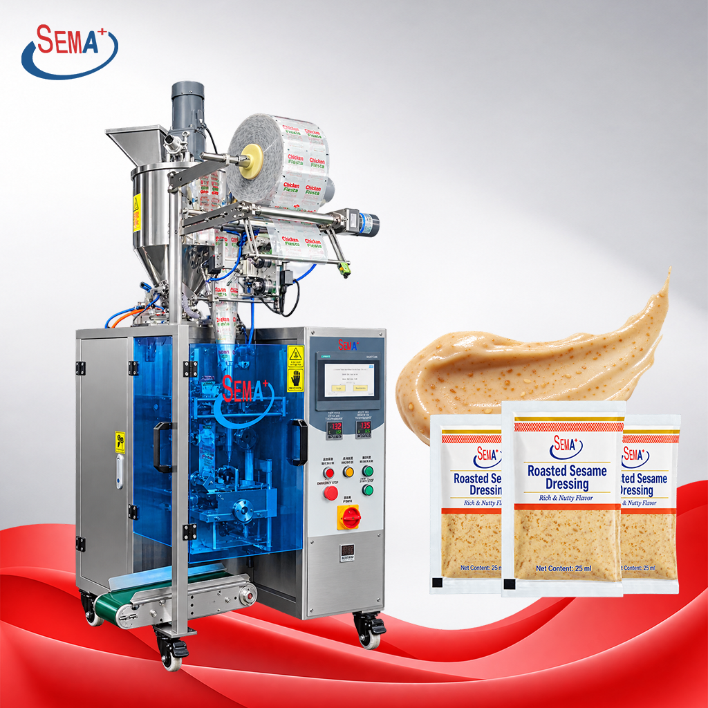 Automatic Single Serve Sachet Packing Machine for Paste Sauce Dressing with PLC Touch Screen Automatic Single Serve Sachet Packing Machine for Paste Sauce Dressing with PLC Touch Screen