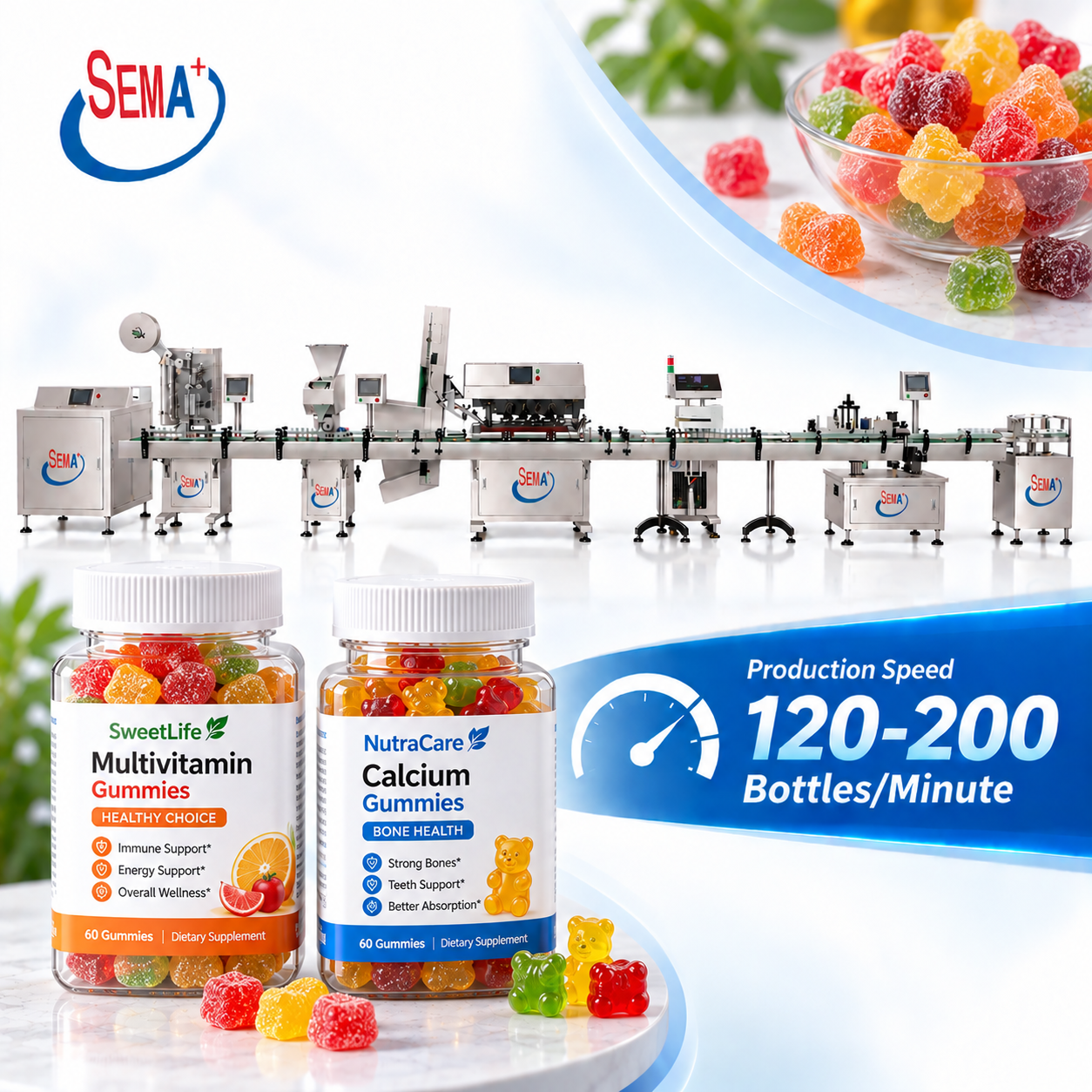 Automatic Candy Bottle Packing Machine Gummy Counting Filling Capping Labeling Production Line
