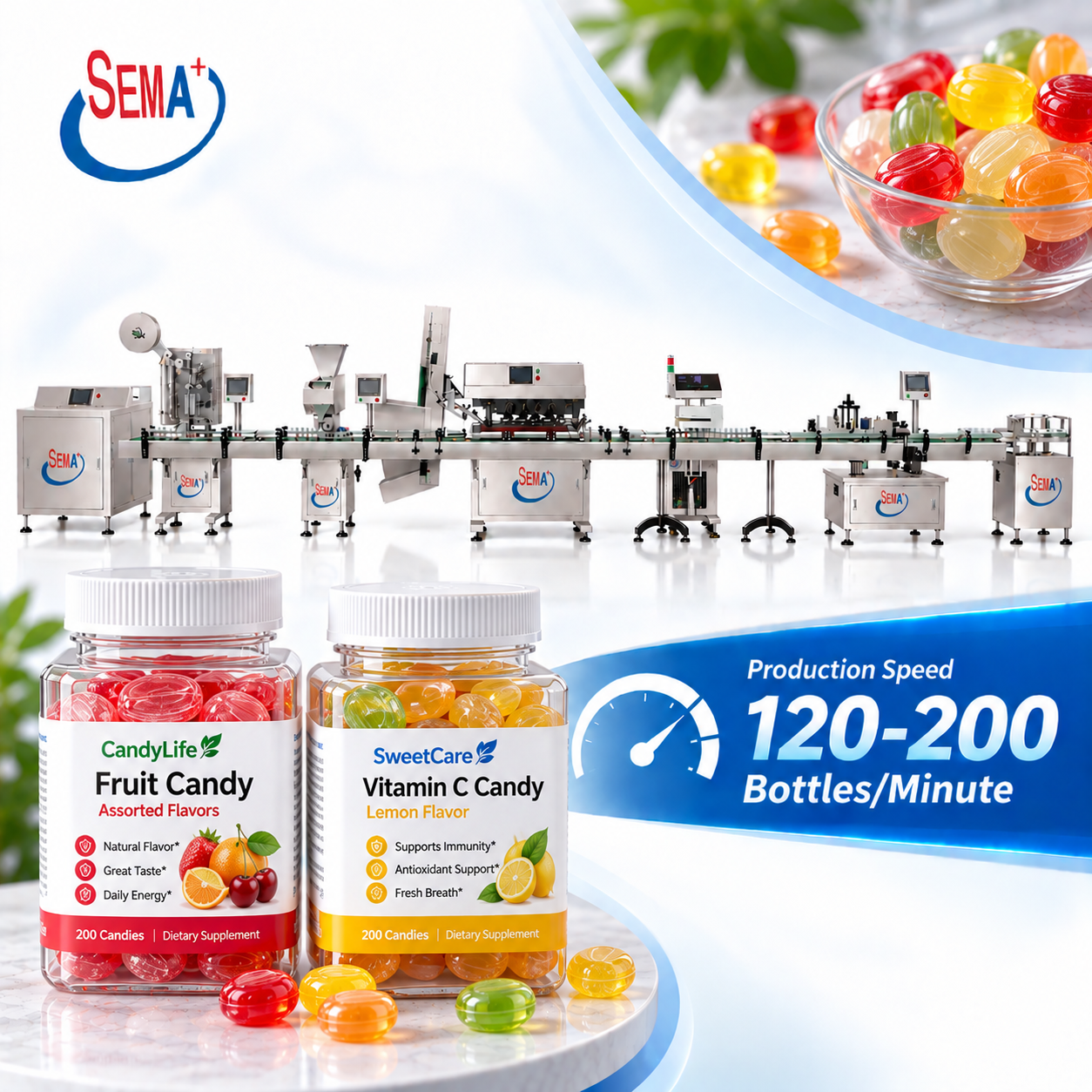 Automatic Gummy Candy Bottle Filling Packing Machine Counting Capping Labeling Line