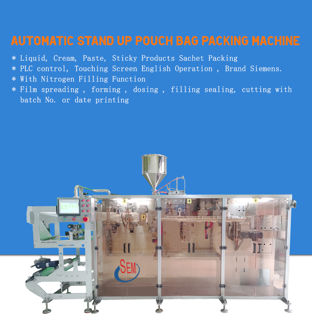 Automatic stand up pouch bag packing machine for liquid packaging.