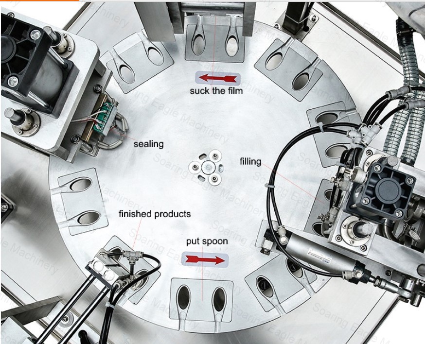 Working process of semi-automatic six-head plastic honey spoon filling and sealing machine: