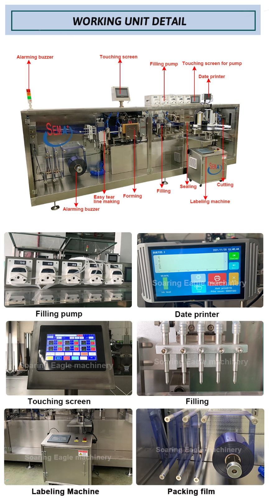 Automatic filling and sealing of plastic bottle packaging machine with labeling date printing and forming