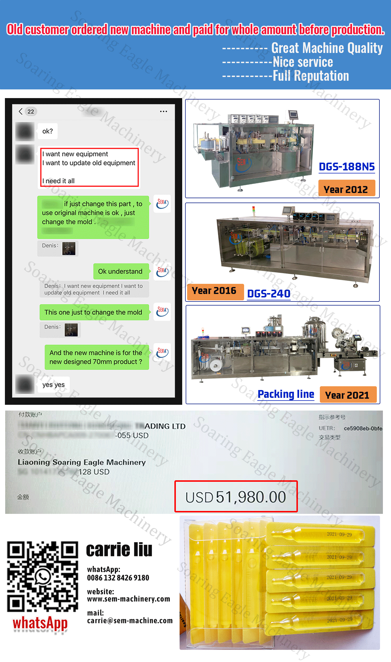 Old customer order new machine and paid for whole amount before production 