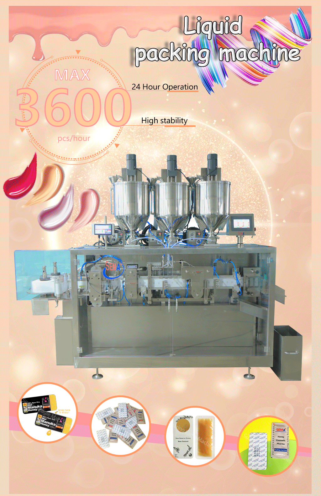 Automatic easy open sachet packing machine 50pc/min for olive oil cosmetics cream packing