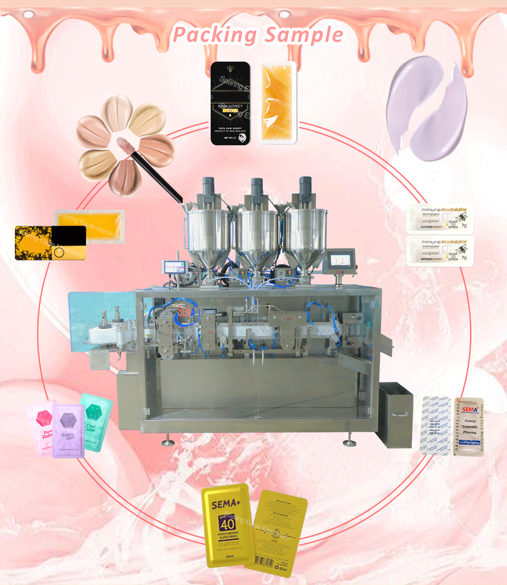 Automatic easy open sachet packing machine 50pc/min for olive oil cosmetics cream packing