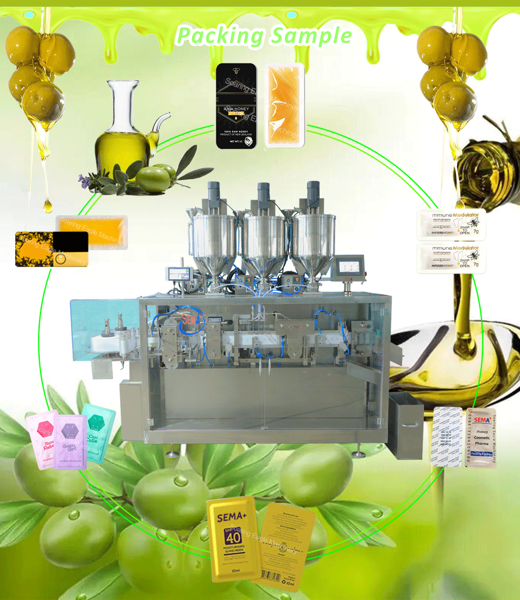 Automatic olive oil sauce ketchup snap pocket card type honey easy open sachet form fill seal packing machine