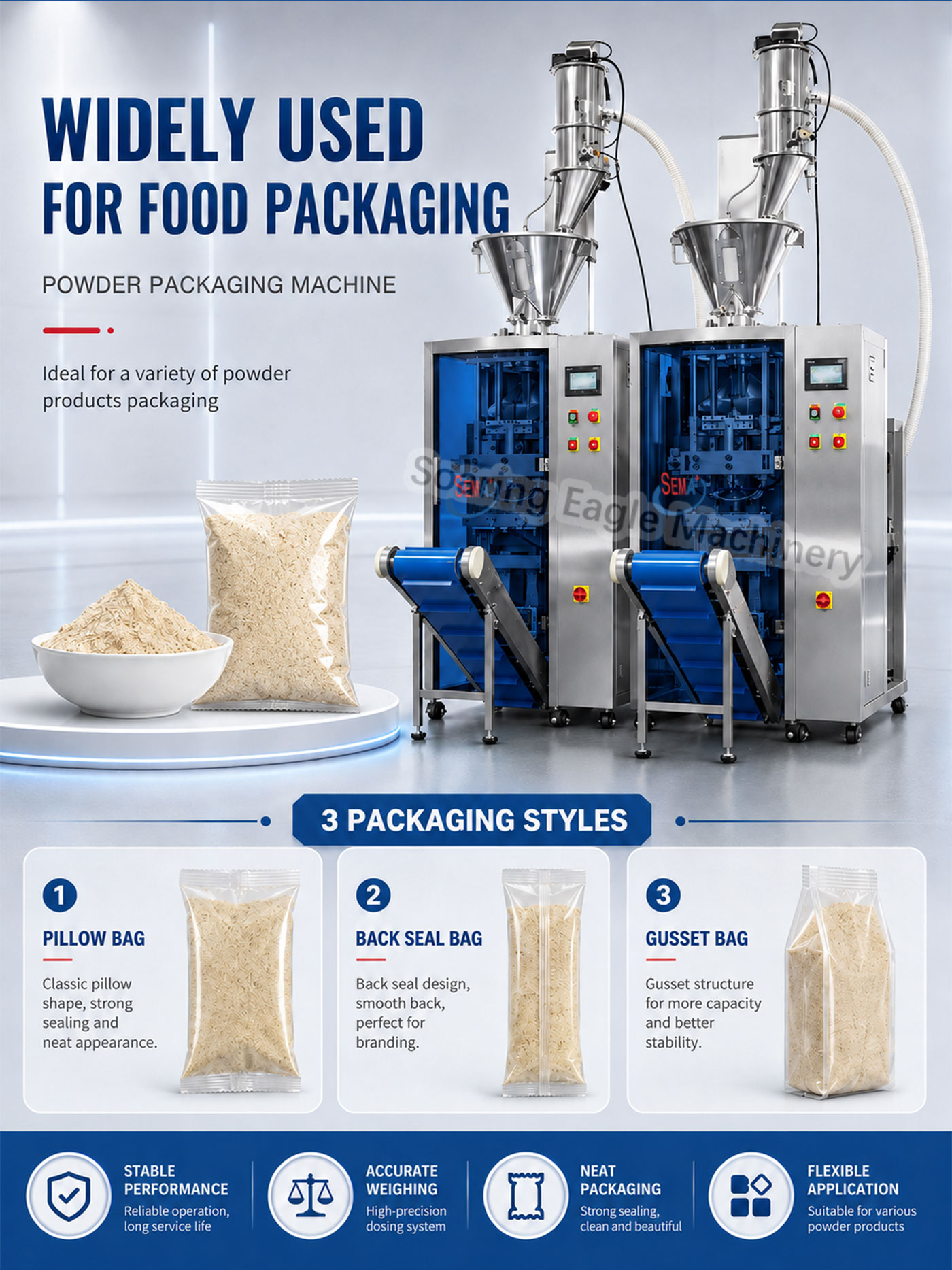 Automatic High Accuracy VFFS Powder Pouch Bag Packing Machine with Auger Filler Automatic High Accuracy VFFS Powder Pouch Bag Packing Machine with Auger Filler