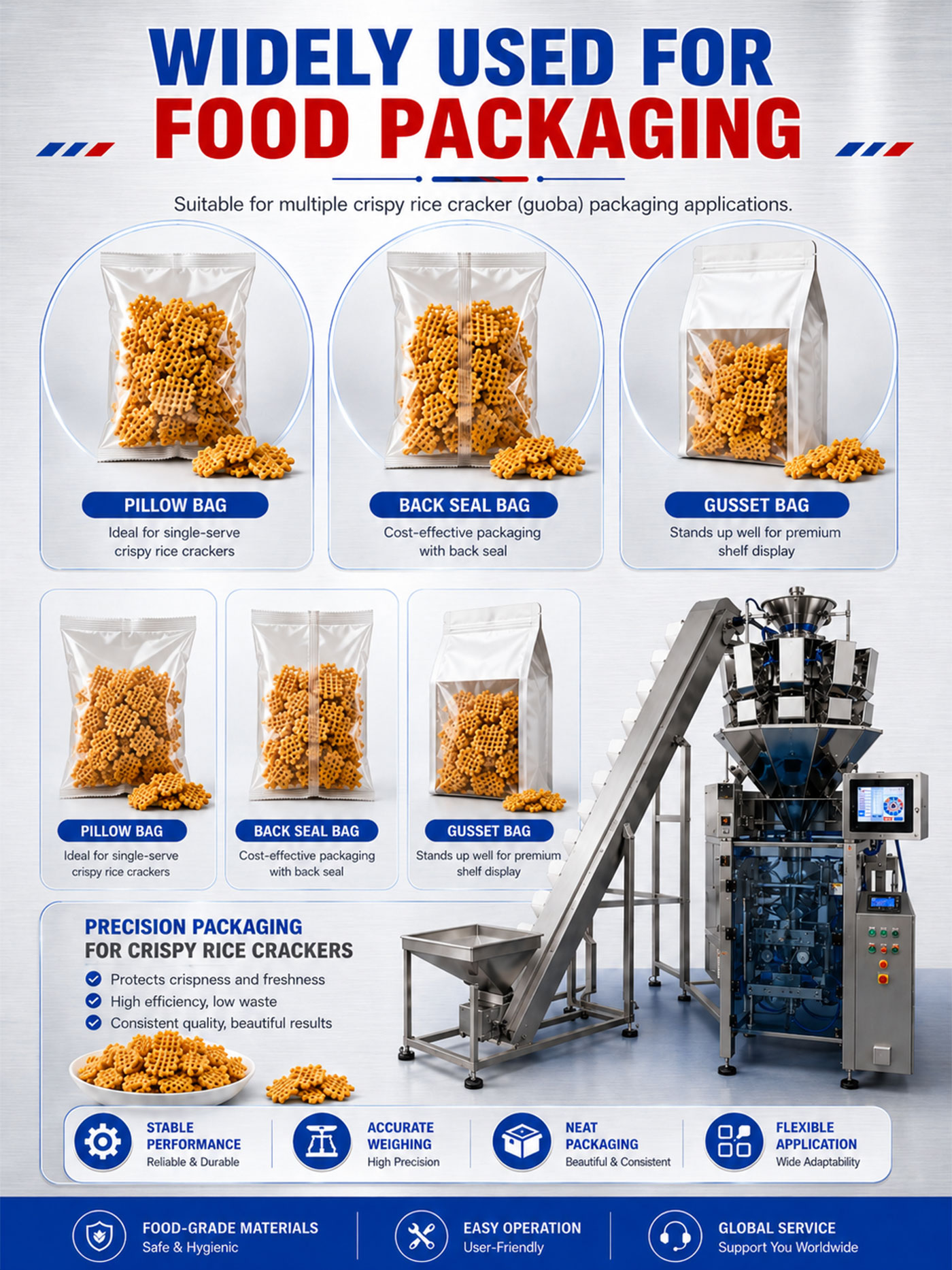 Automatic VFFS Pouch Bag Packing Machine for Rice Crust Chips and Snacks Automatic VFFS Pouch Bag Packing Machine for Rice Crust Chips and Snacks
