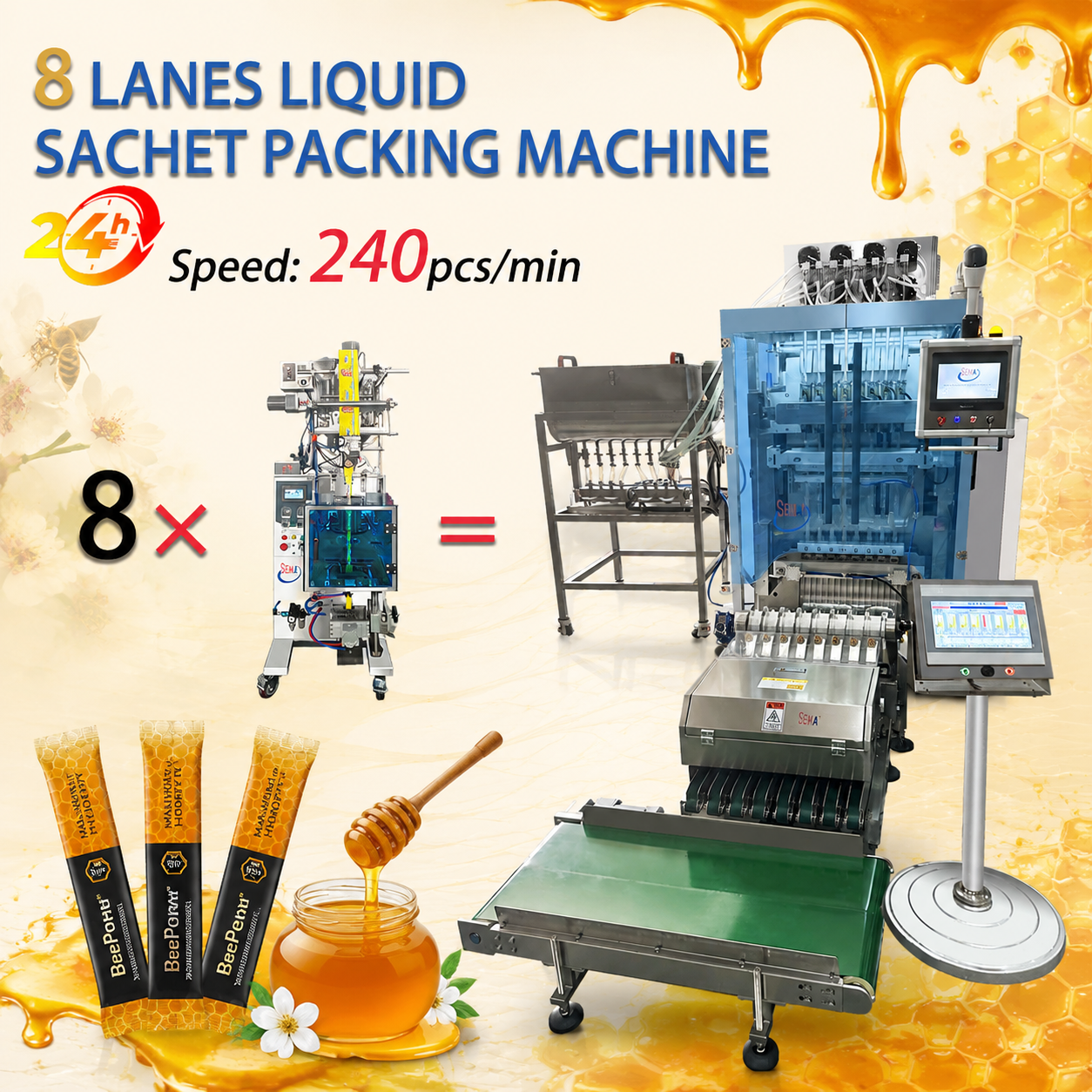 High Speed 8 Lanes Multi Lane Sachet Packing Machine for Honey Liquid Sauce Stick Pack Packaging