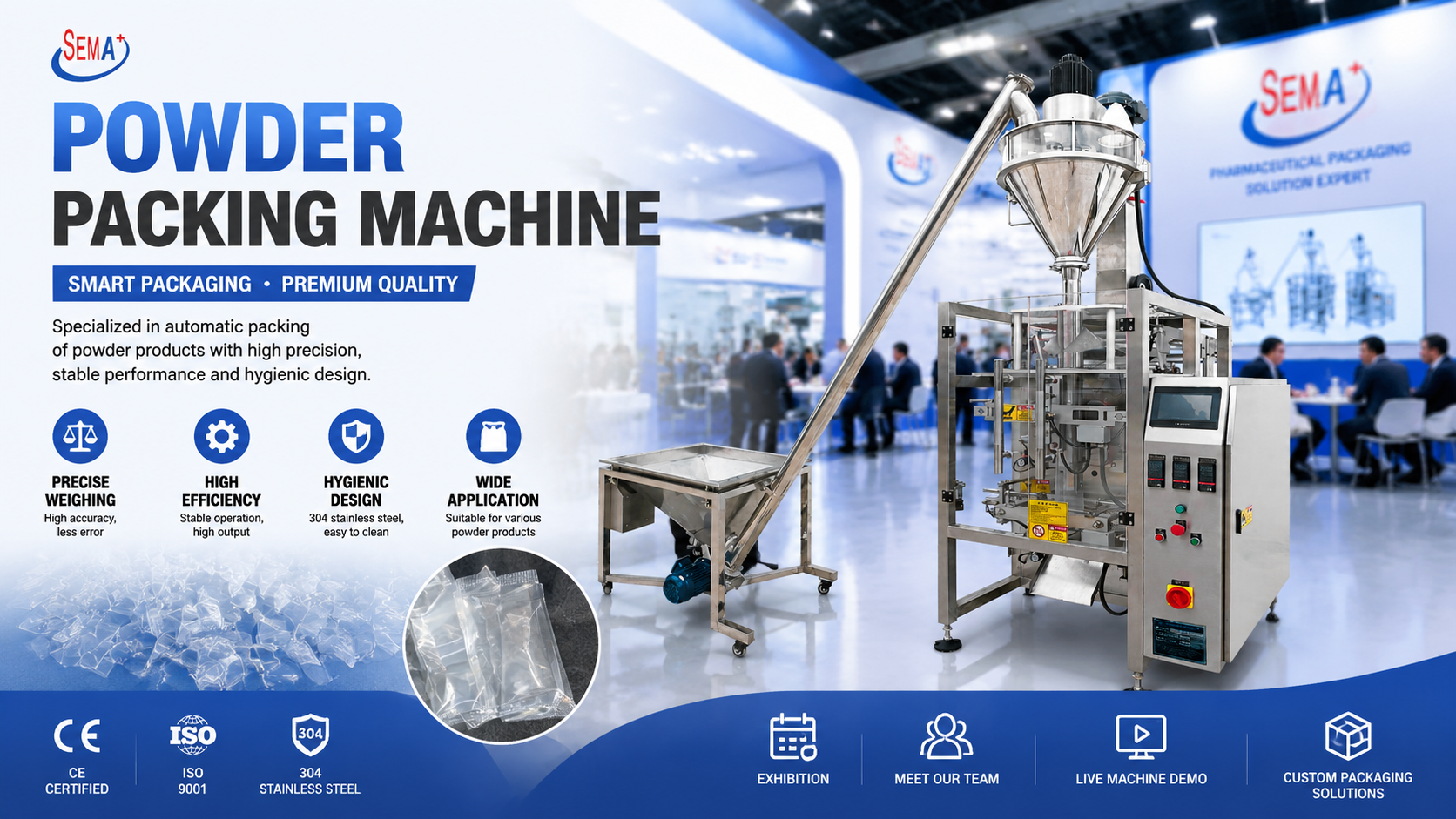 Automatic powder pouch packaging machine for exhibitions