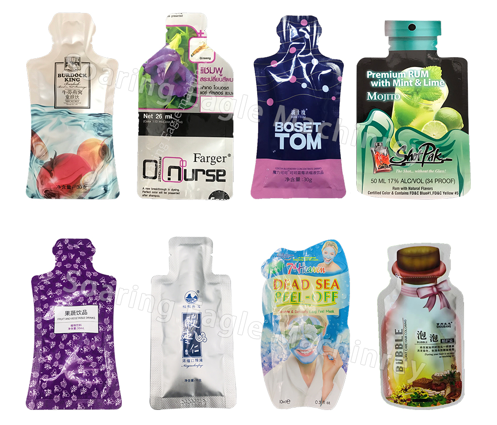 Customized automatic rotary weighing, filling, and packaging machine for pre-made stand-up pouches containing liquids or pastes (such as laundry detergent or soy milk).