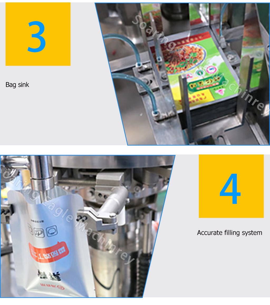 Customized automatic rotary weighing, filling, and packaging machine for pre-made stand-up pouches containing liquids or pastes (such as laundry detergent or soy milk).