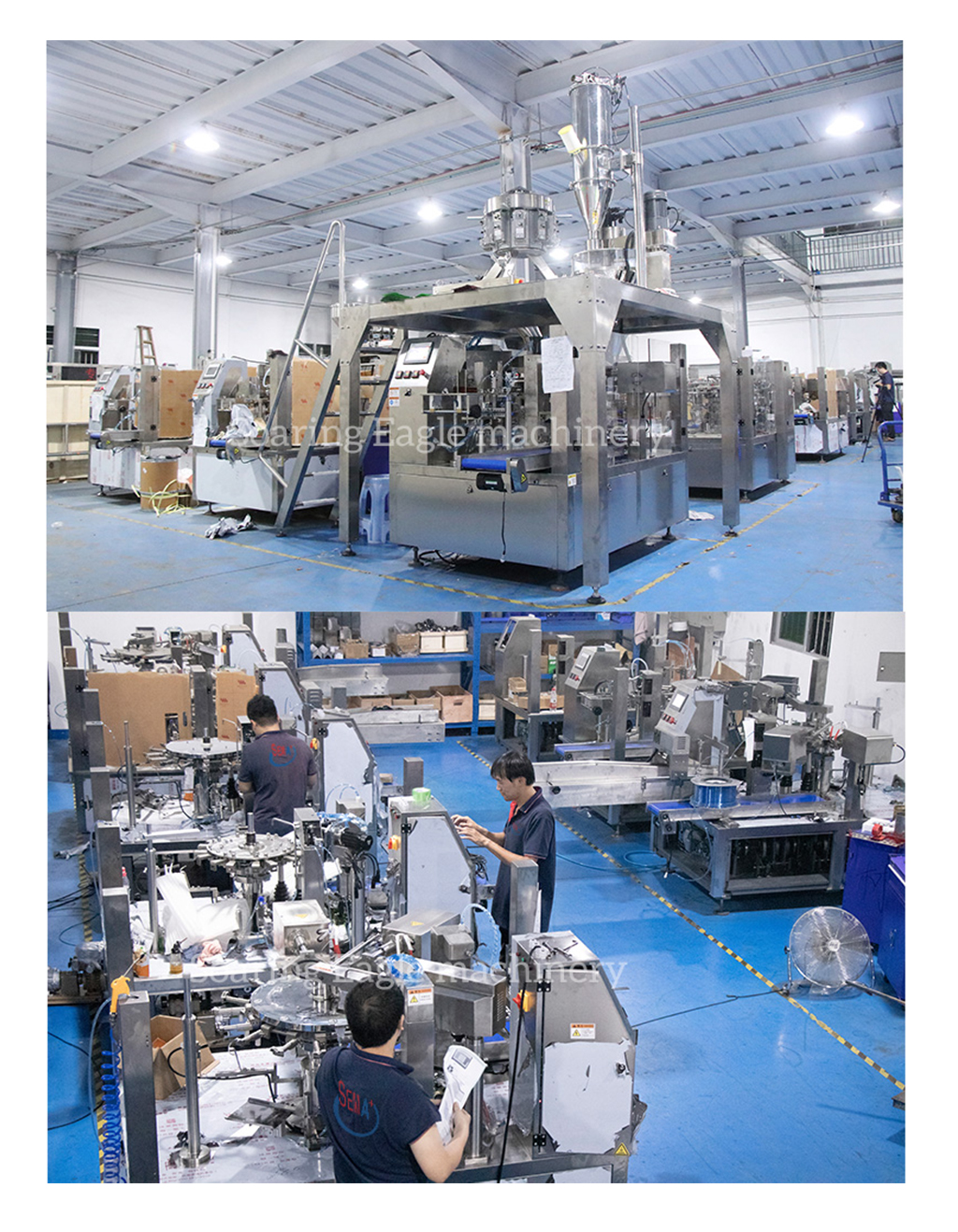 Customized automatic rotary weighing, filling, and packaging machine for pre-made stand-up pouches containing liquids or pastes (such as laundry detergent or soy milk).
