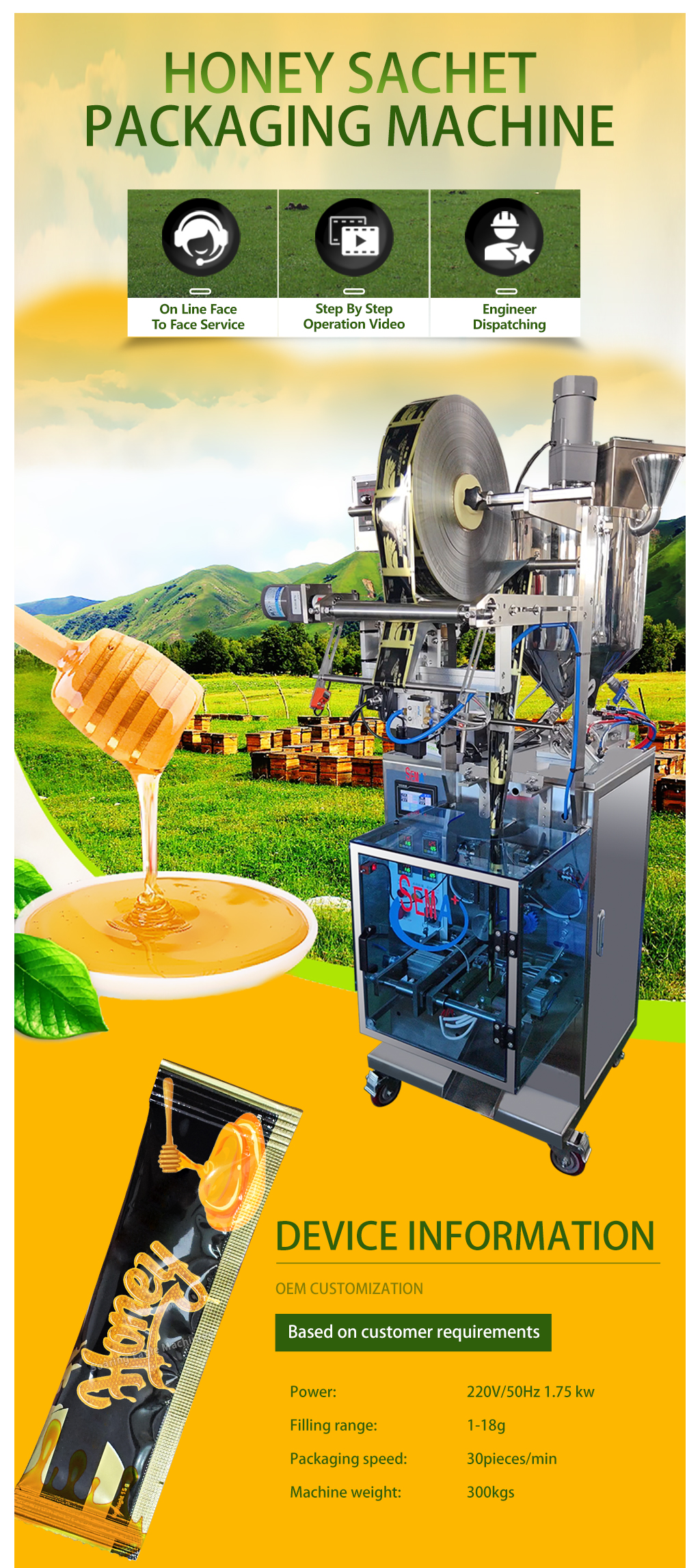 Full automatic honey stick three side sealing sachet paste packing machine Full automatic honey stick three side sealing sachet paste packing machine