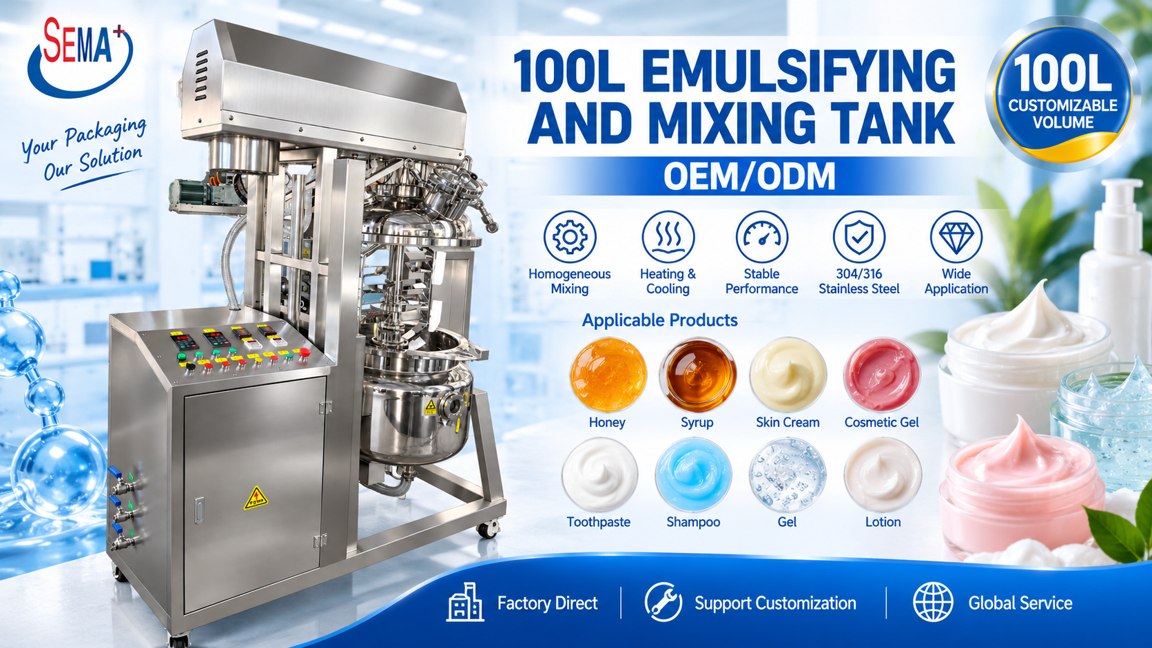 Customizable Emulsifying and Mixing Tank for Cosmetic Production